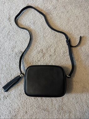 Classic Black Leather Camera Crossbody Bag with Tassel